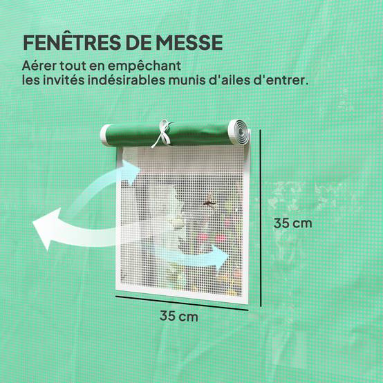 Serre tunnel de jardin 6 m² 3 x 2 m avec 1 porte + 2 parois latérales zippées enroulables, 6 fenêtres, vert - Image 8