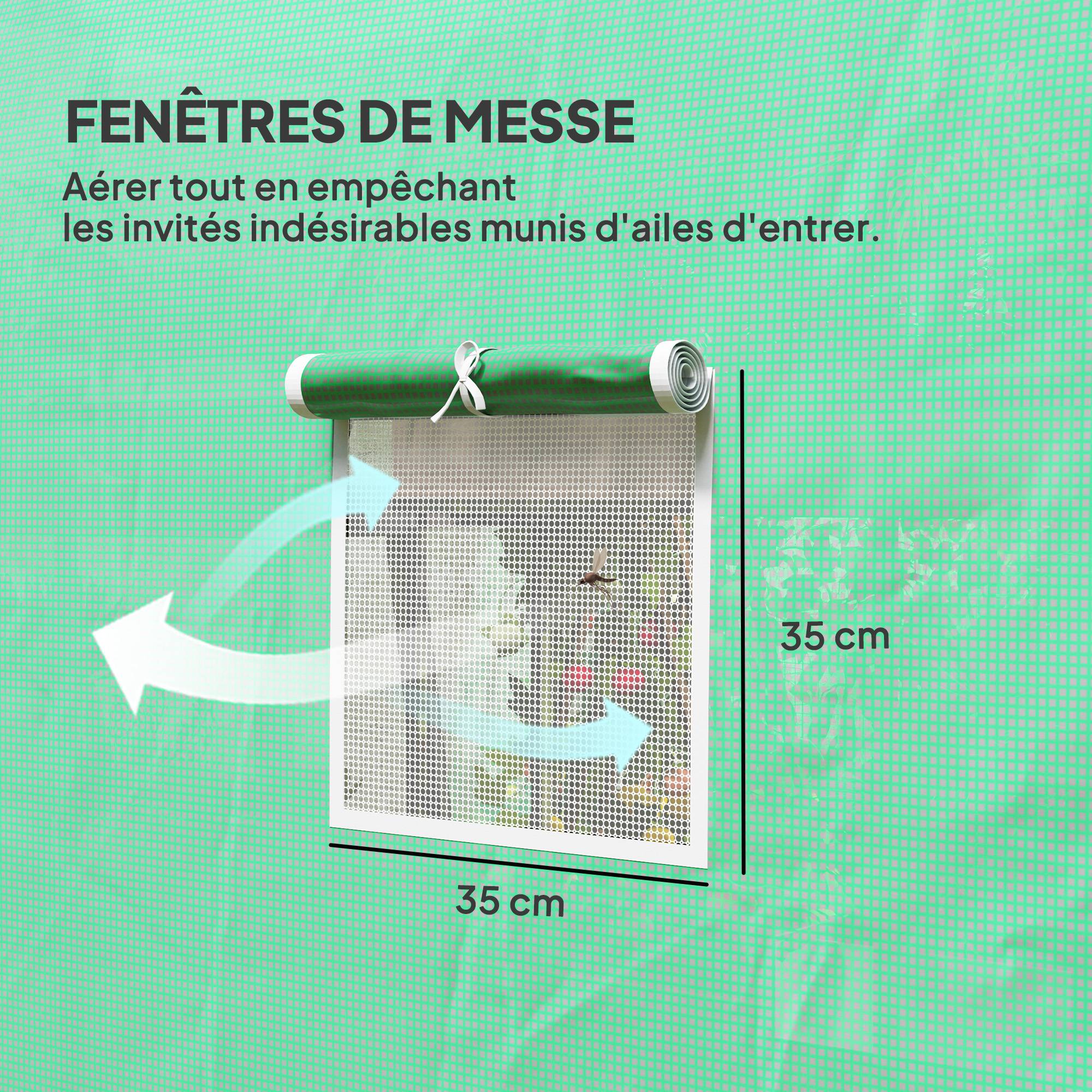 Serre tunnel de jardin 6 m² 3 x 2 m avec 1 porte + 2 parois latérales zippées enroulables, 6 fenêtres, vert - Image 8