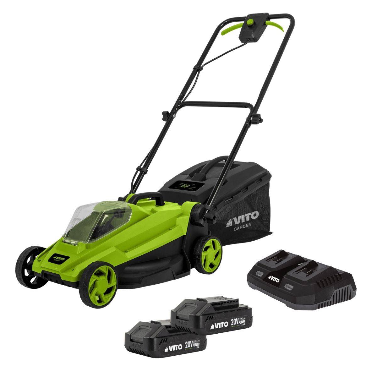 Tondeuse à gazon 20V + 2 Batteries lithium 3.0Ah + Chargeur double Gazon 300m2 - Bac 30L VITO - Image 1