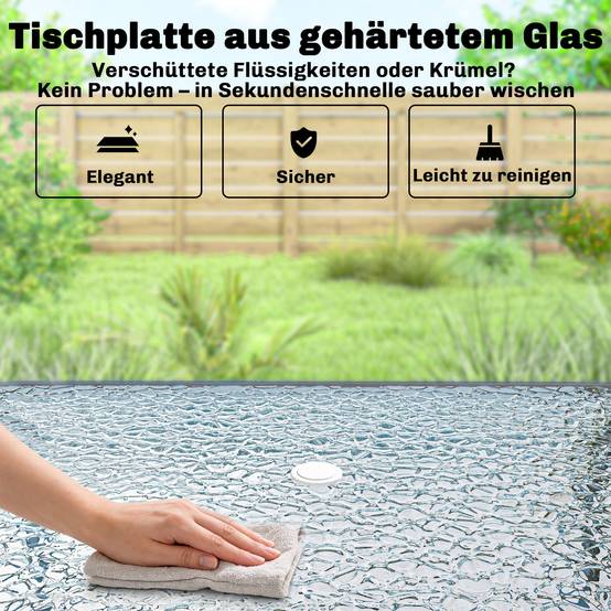 Mobilier de jardin : table verre 119x68 cm + 6 chaises pliantes + trou parasol, motif vagues, gris - Image 8