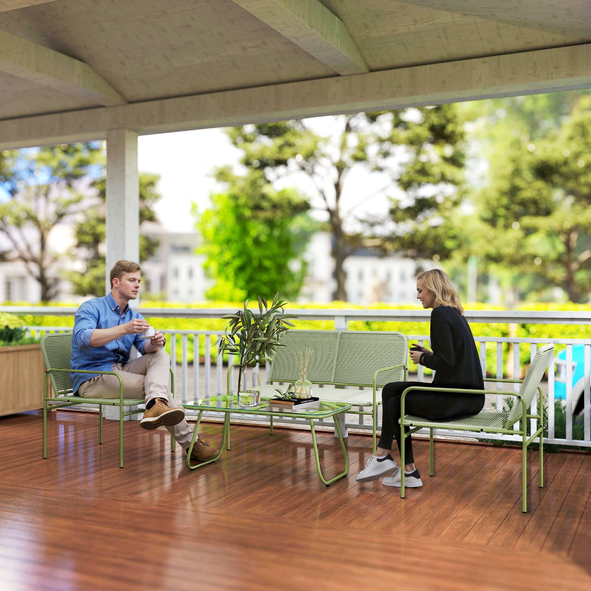 ComfortXL - Salon de jardin 4 places résine tressée Canapé 2 fauteuils et table basse Vert - ComfortXL Outdoor Living - Image 3
