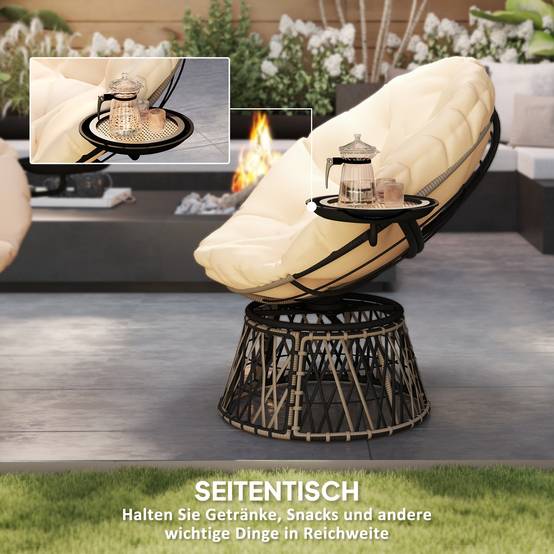 Fauteuil Papasan en rotin pivotant 360°, coussin rond diamètre 90 cm, Beige, salon de jardin confortable - Image 5