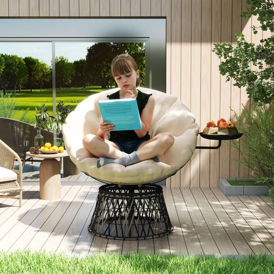 Fauteuil Papasan en rotin pivotant 360°, coussin rond diamètre 90 cm, Beige, salon de jardin confortable - Image 2