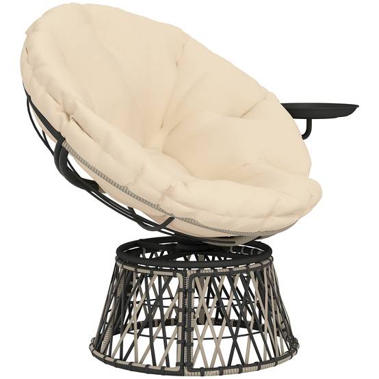 Fauteuil Papasan en rotin pivotant 360°, coussin rond diamètre 90 cm, Beige, salon de jardin confortable - Image 1