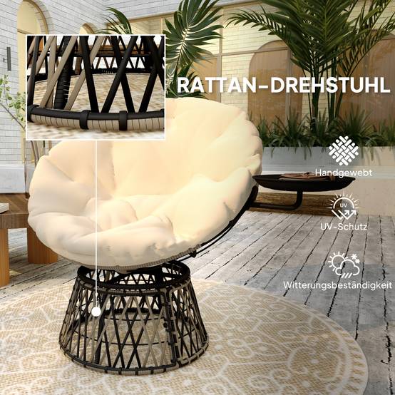 Fauteuil Papasan en rotin pivotant 360°, coussin rond diamètre 90 cm, Beige, salon de jardin confortable - Image 7