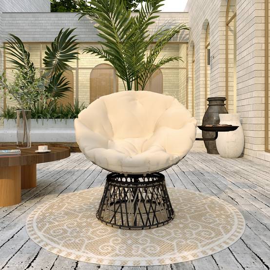Fauteuil Papasan en rotin pivotant 360°, coussin rond diamètre 90 cm, Beige, salon de jardin confortable - Image 9