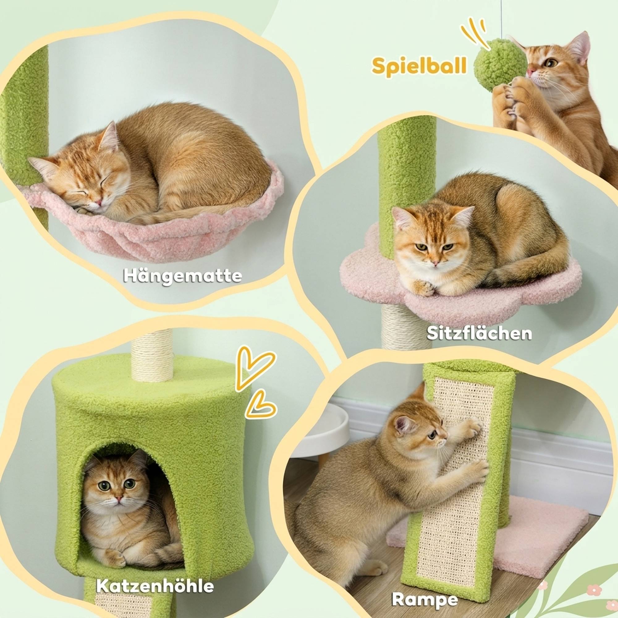 Arbre à chat avec grotte, hamac, hauteur réglable, revêtement tissu, vert - Image 7