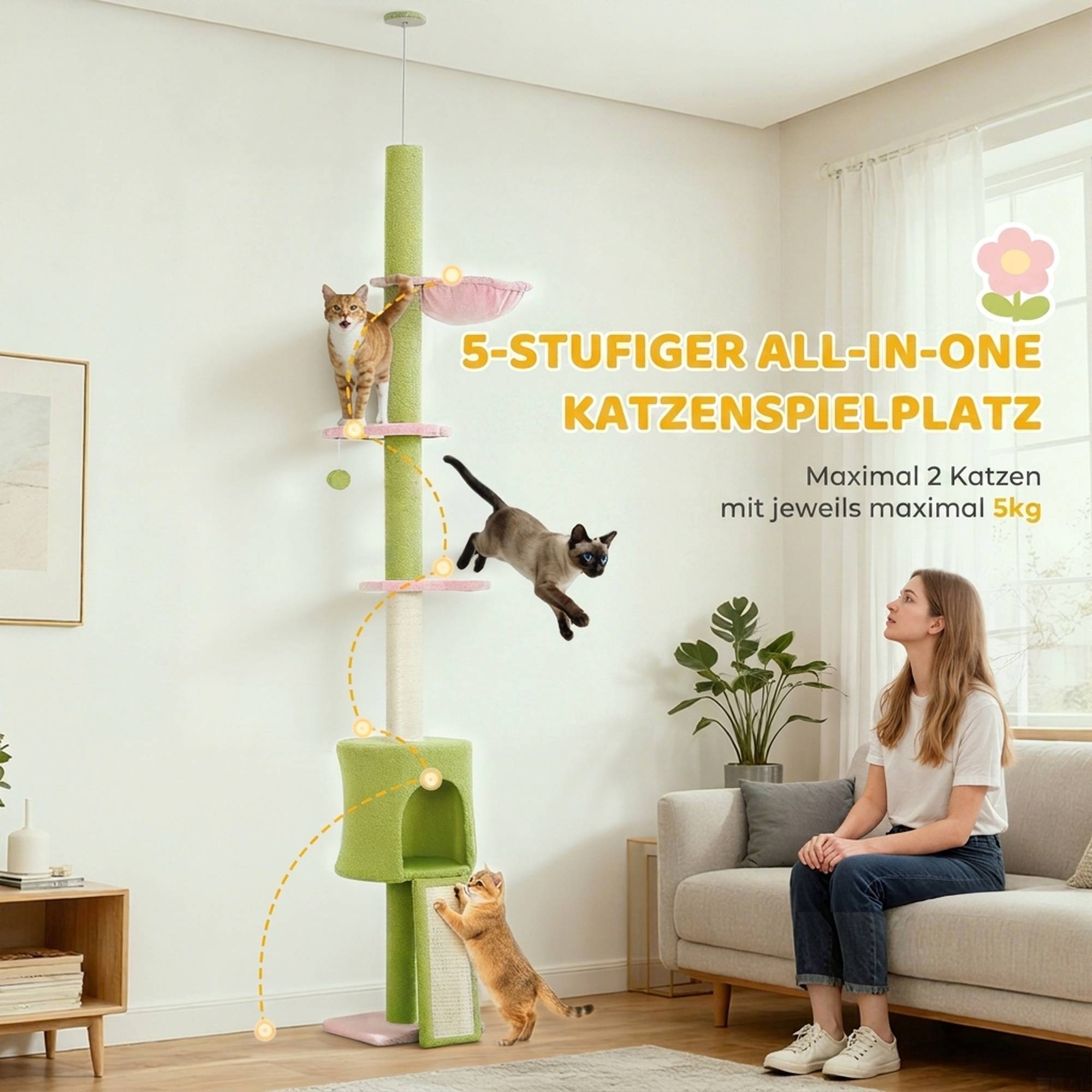 Arbre à chat avec grotte, hamac, hauteur réglable, revêtement tissu, vert - Image 8