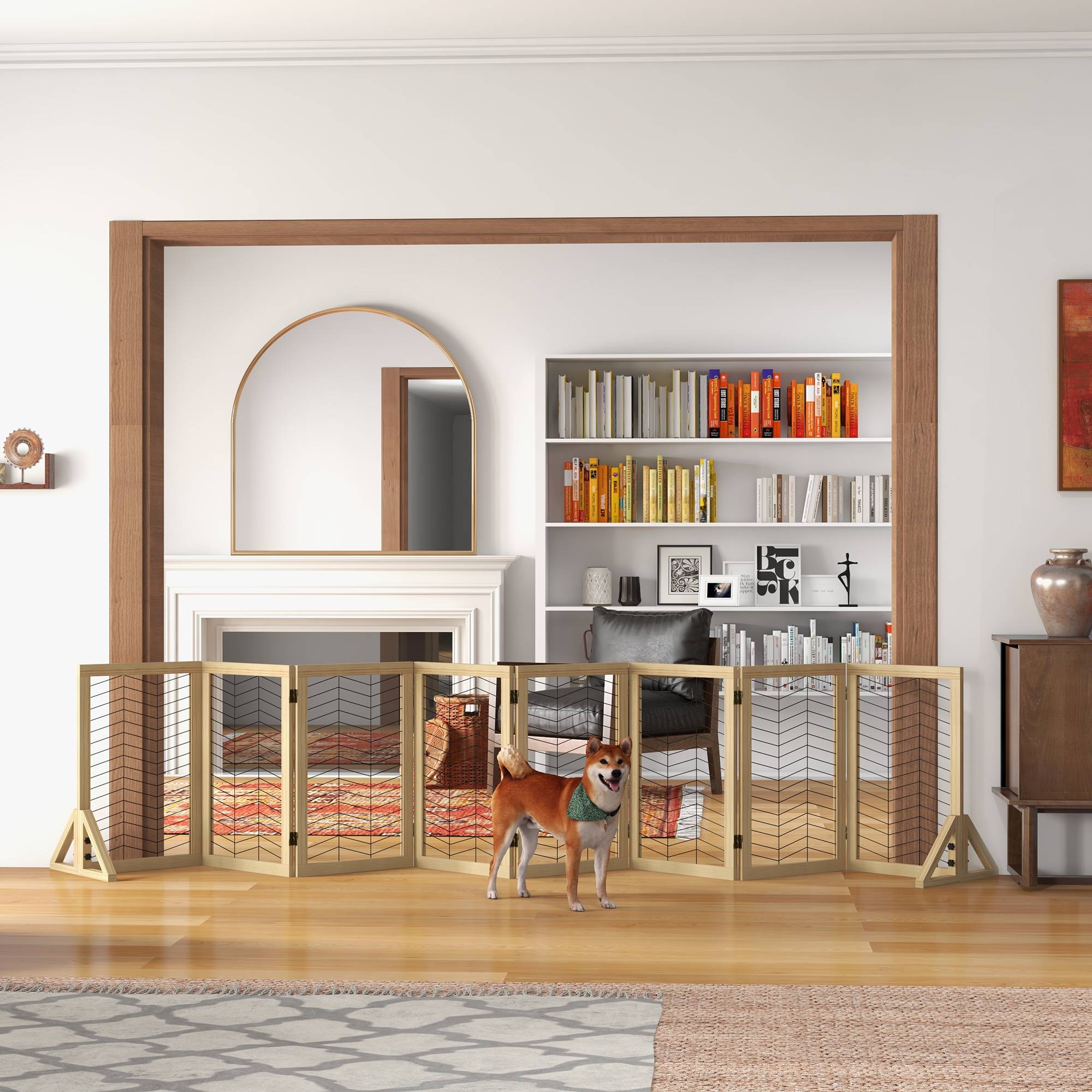 Barrière pour chien, barrière escalier, pliable, pin, 375 cm x 44 cm x 70 cm, naturel - Image 3