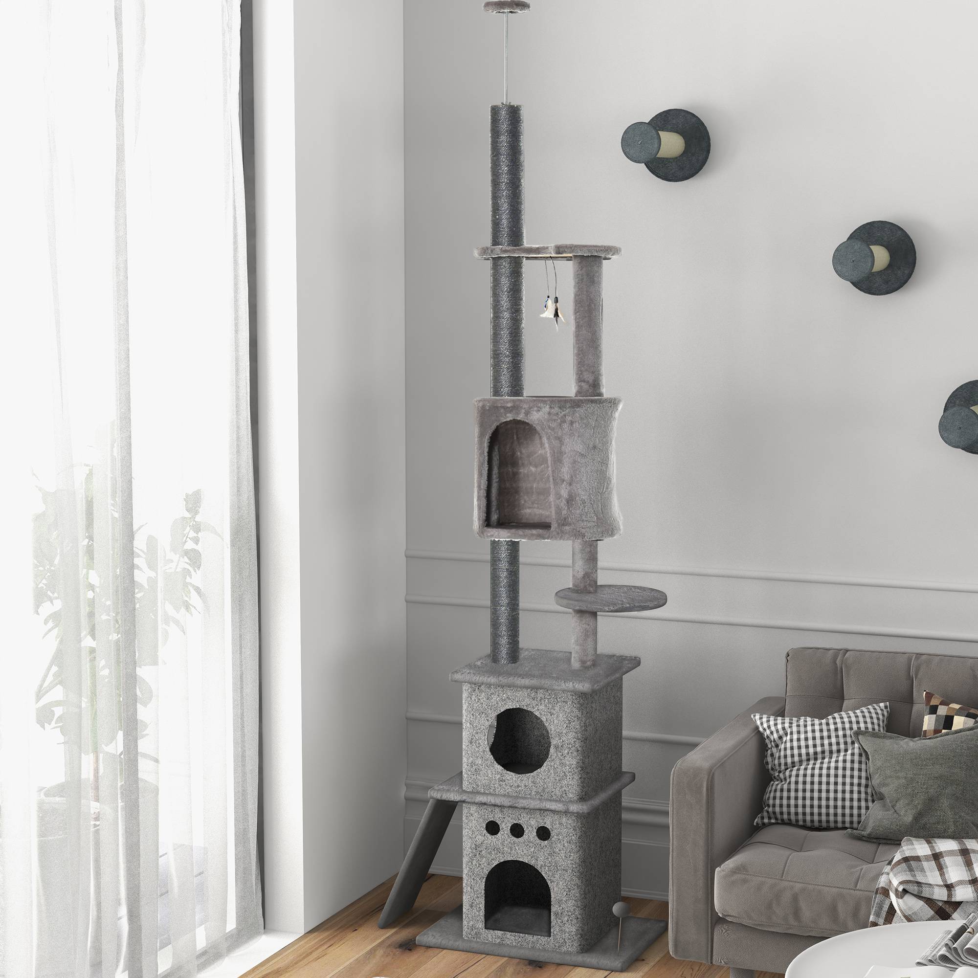Arbre à chat XXL, hauteur ajustable, sisal, gris clair, 60 x 40 x 225-255 cm - PANGIVO - Image 8