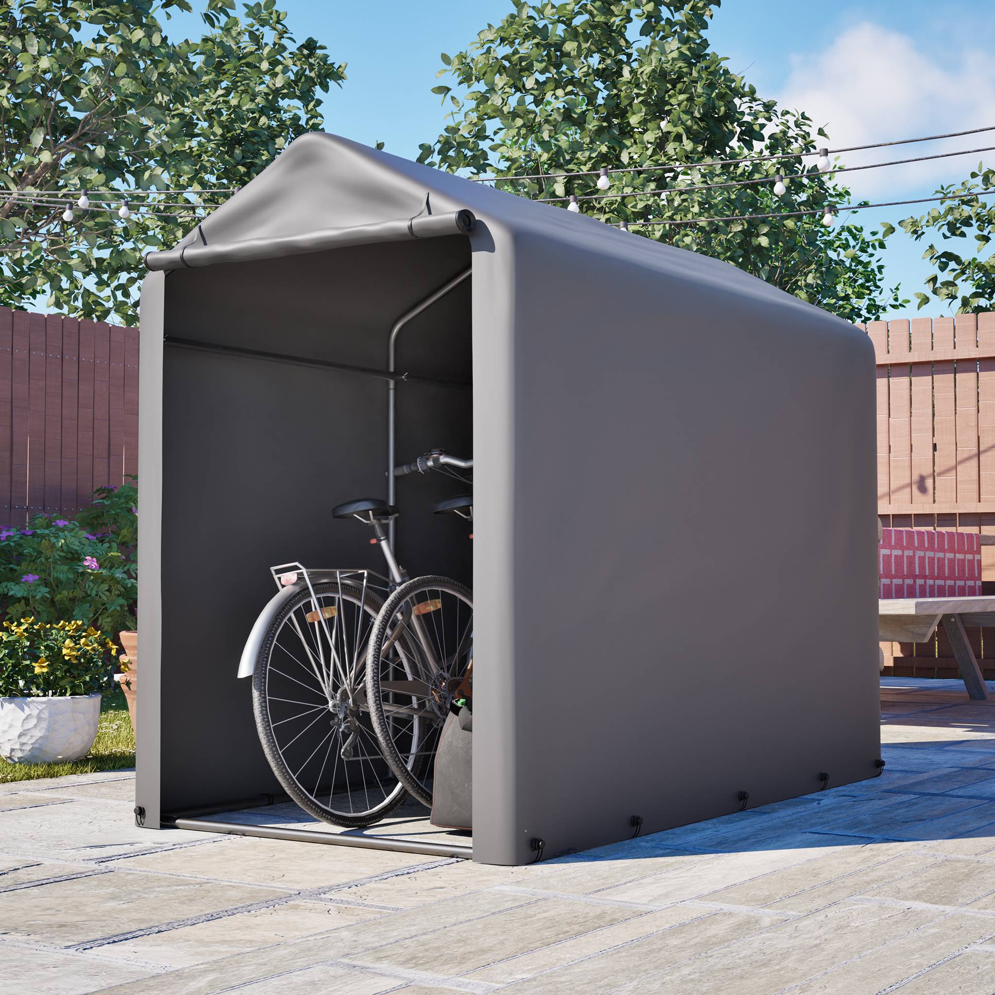 Garage à vélos 187x100x160cm cadre acier noir bâche PE gris foncé, adapté balcon terrasse cour - Image 10
