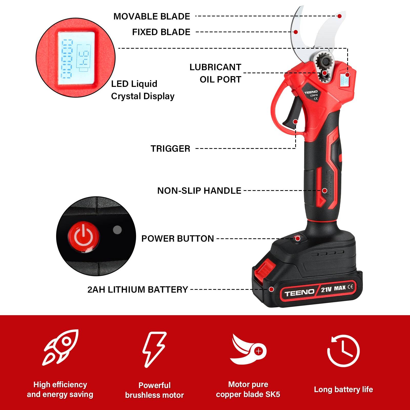 Teeno - Sécateur électrique sur fil brushless 30mm avec LCD, 2 * 2000mAh Batteries - Image 3