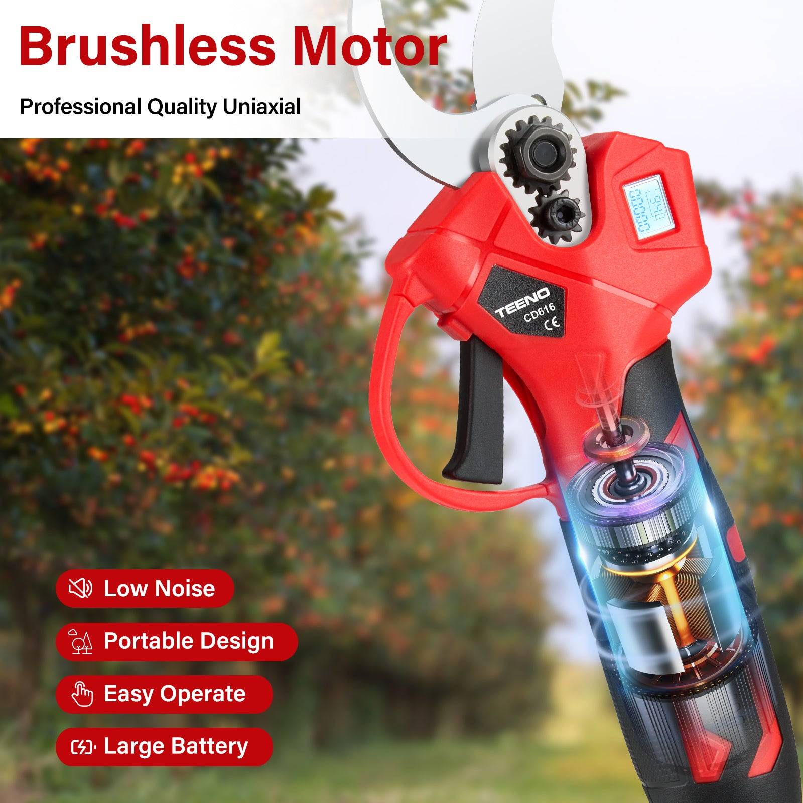 Teeno - Sécateur électrique sur fil brushless 30mm avec LCD, 2 * 2000mAh Batteries - Image 6