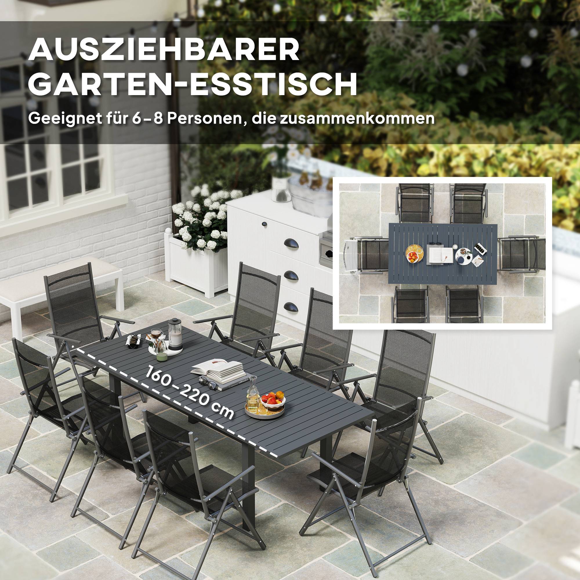 Table jardin aluminium extensible 160/220x90cm gris antidérapant, accueil 6 à 8 personnes - Image 4
