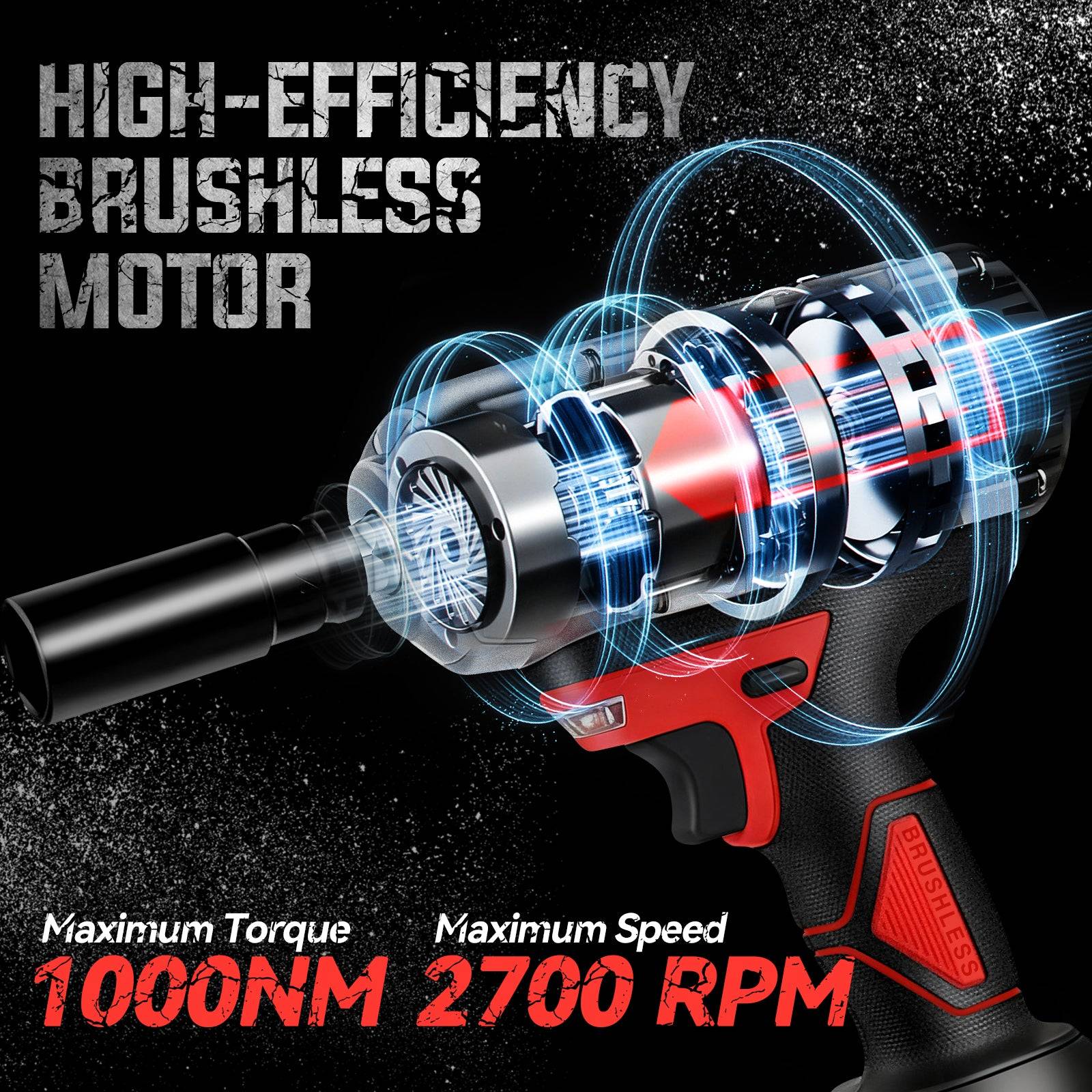 Clé à Chocs Sans Fil Brushless, Couple Maximal 1000N. m, 1/2" avec Deux Batteries 4,0 Ah,Rotation Enclume 180° & Pivot Tête 90° - Image 3