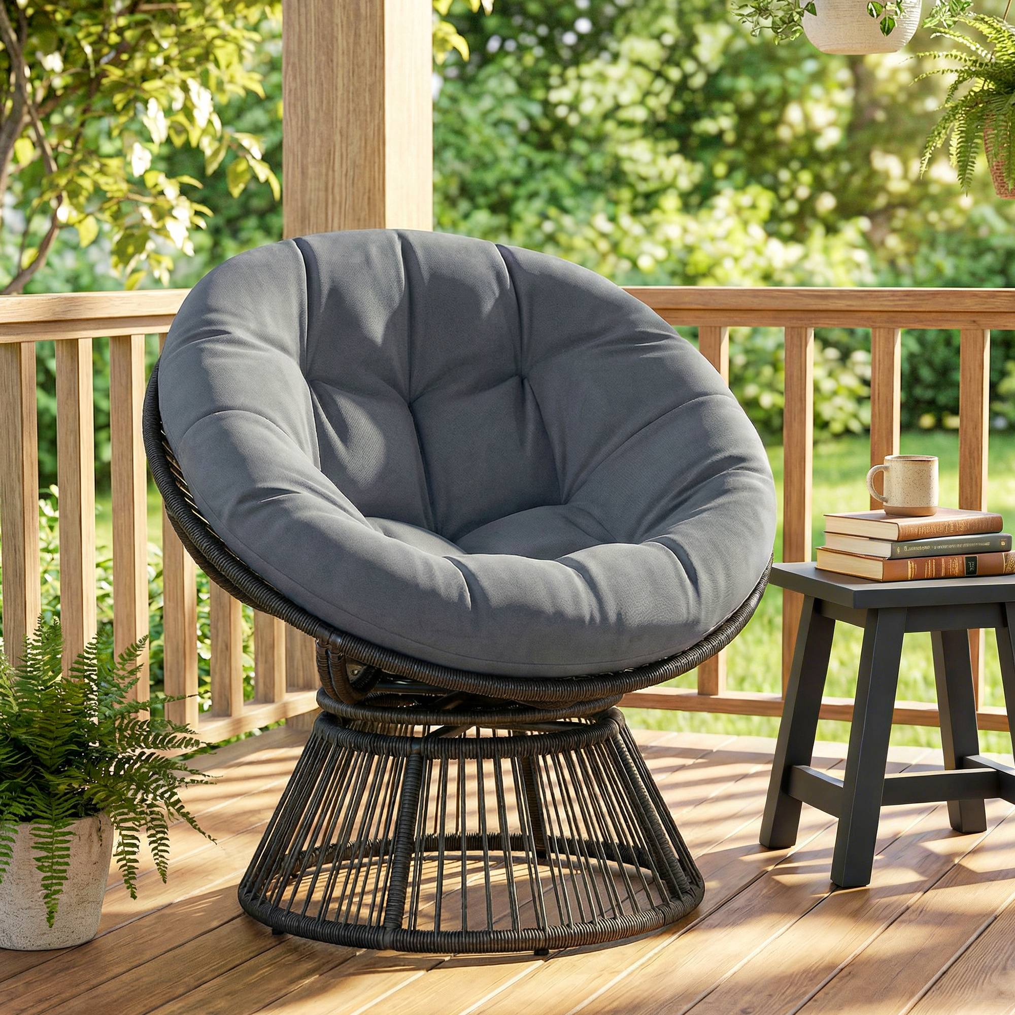 Fauteuil Papasan rond en rotin pivotant 360°, cadre en acier avec coussin confortable, coloris gris pour salon et extérieur - Image 2