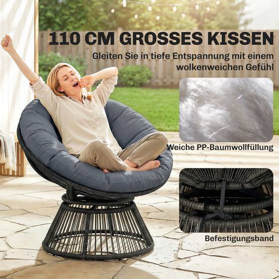 Fauteuil Papasan rond en rotin pivotant 360°, cadre en acier avec coussin confortable, coloris gris pour salon et extérieur - Image 6