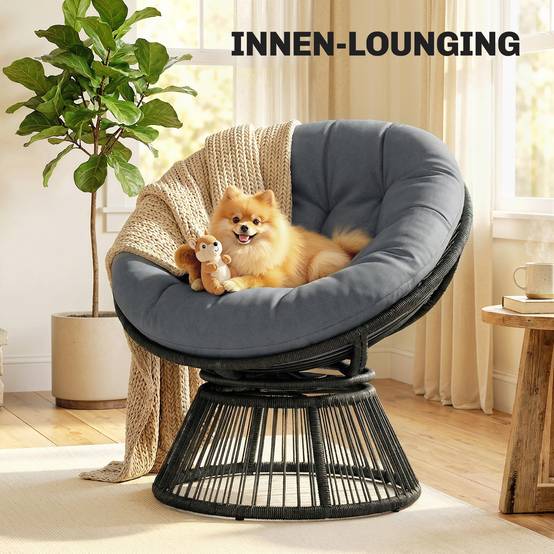 Fauteuil Papasan rond en rotin pivotant 360°, cadre en acier avec coussin confortable, coloris gris pour salon et extérieur - Image 9
