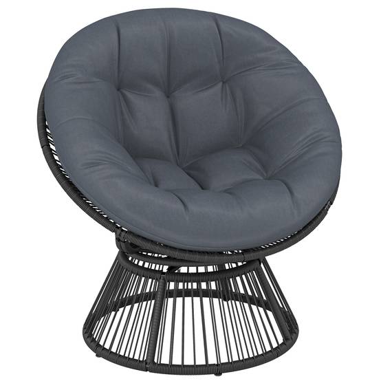 Fauteuil Papasan rond en rotin pivotant 360°, cadre en acier avec coussin confortable, coloris gris pour salon et extérieur - Image 1