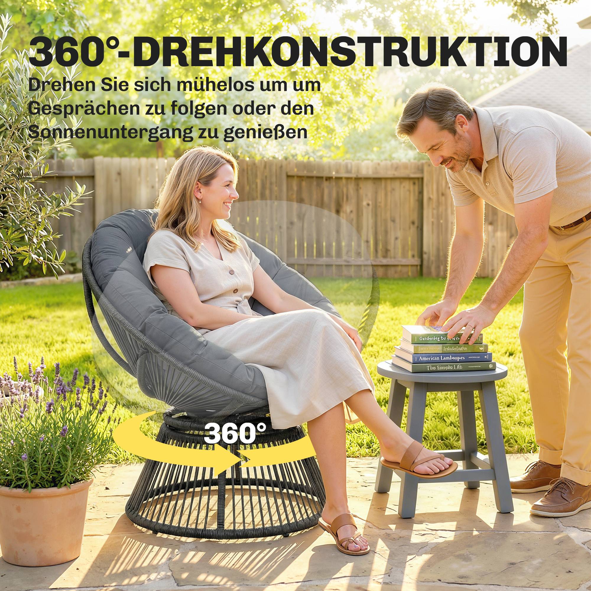 Fauteuil Papasan rond en rotin pivotant 360°, cadre en acier avec coussin confortable, coloris gris pour salon et extérieur - Image 4