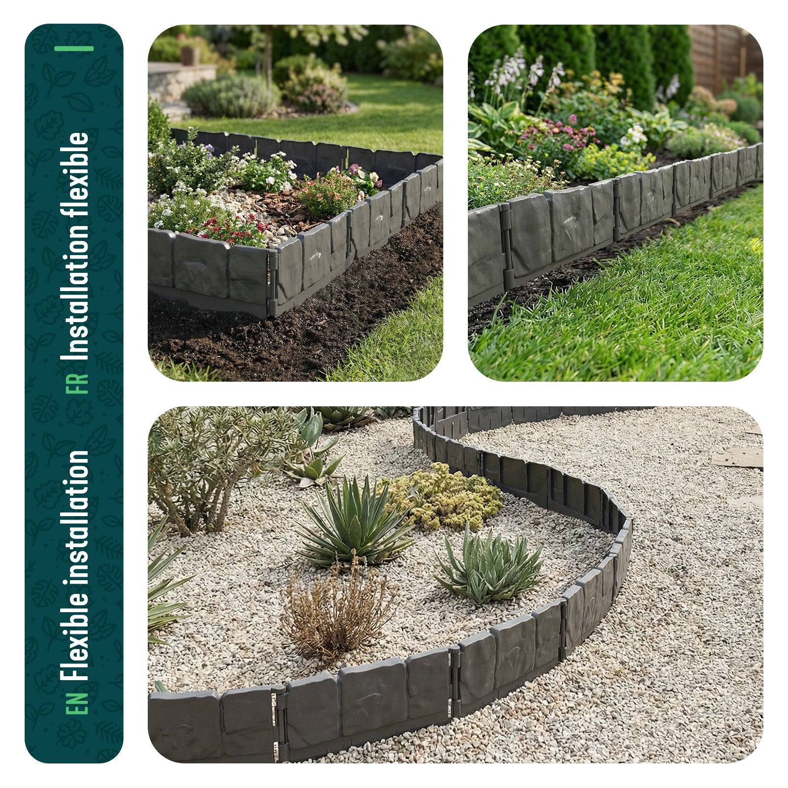 Bordure de jardin imitation pierre 5.35m gris - Hauteur 14cm - Clôture gazon décorative ultra résistant - Lot de 35 - VOUNOT® - Image 7