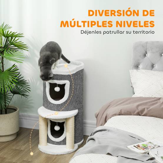 Arbre à chat à griffer, 76 cm, avec couchage, 2 niches, poteaux en sisal, tapis de jeu, balles, gris - Image 6