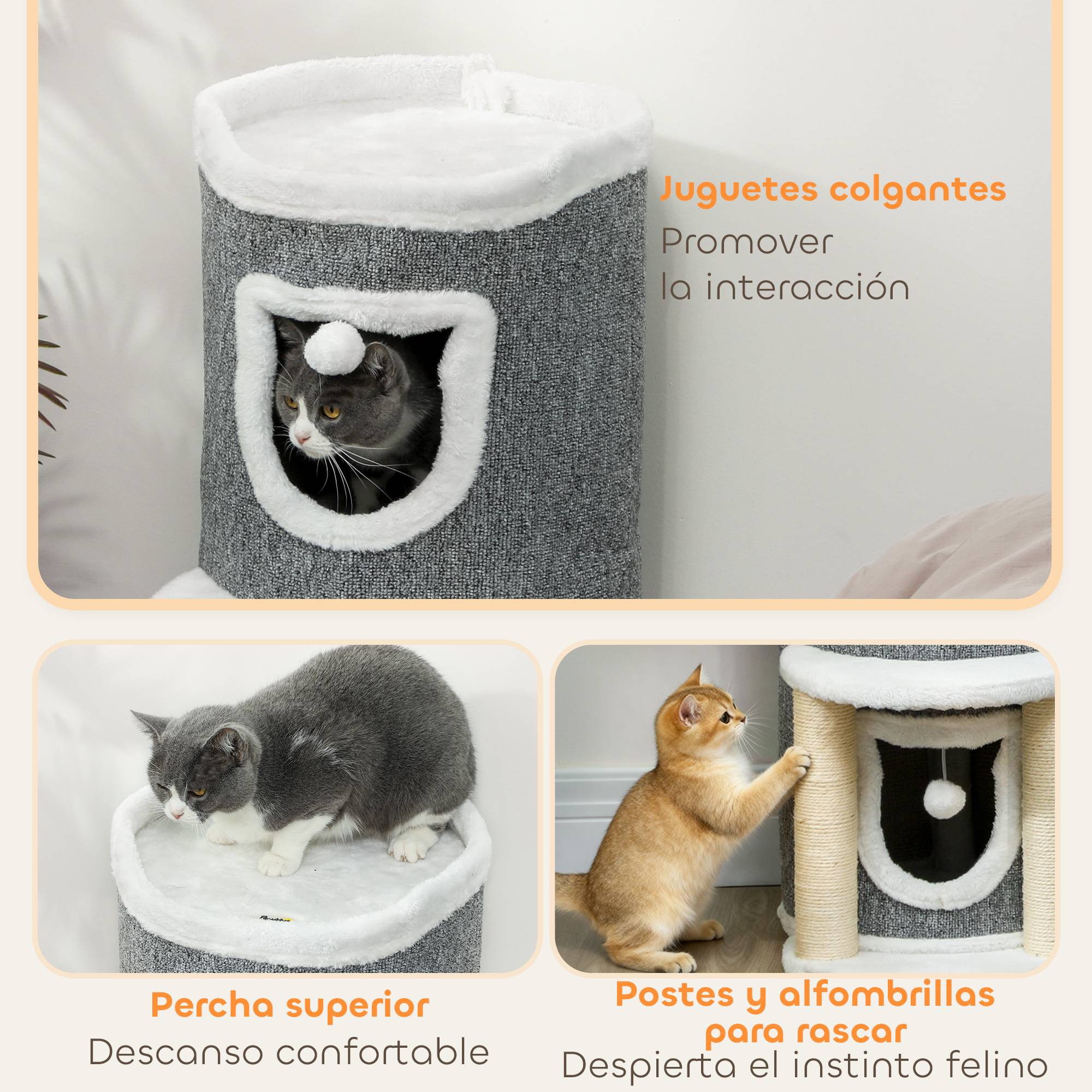Arbre à chat à griffer, 76 cm, avec couchage, 2 niches, poteaux en sisal, tapis de jeu, balles, gris - Image 8