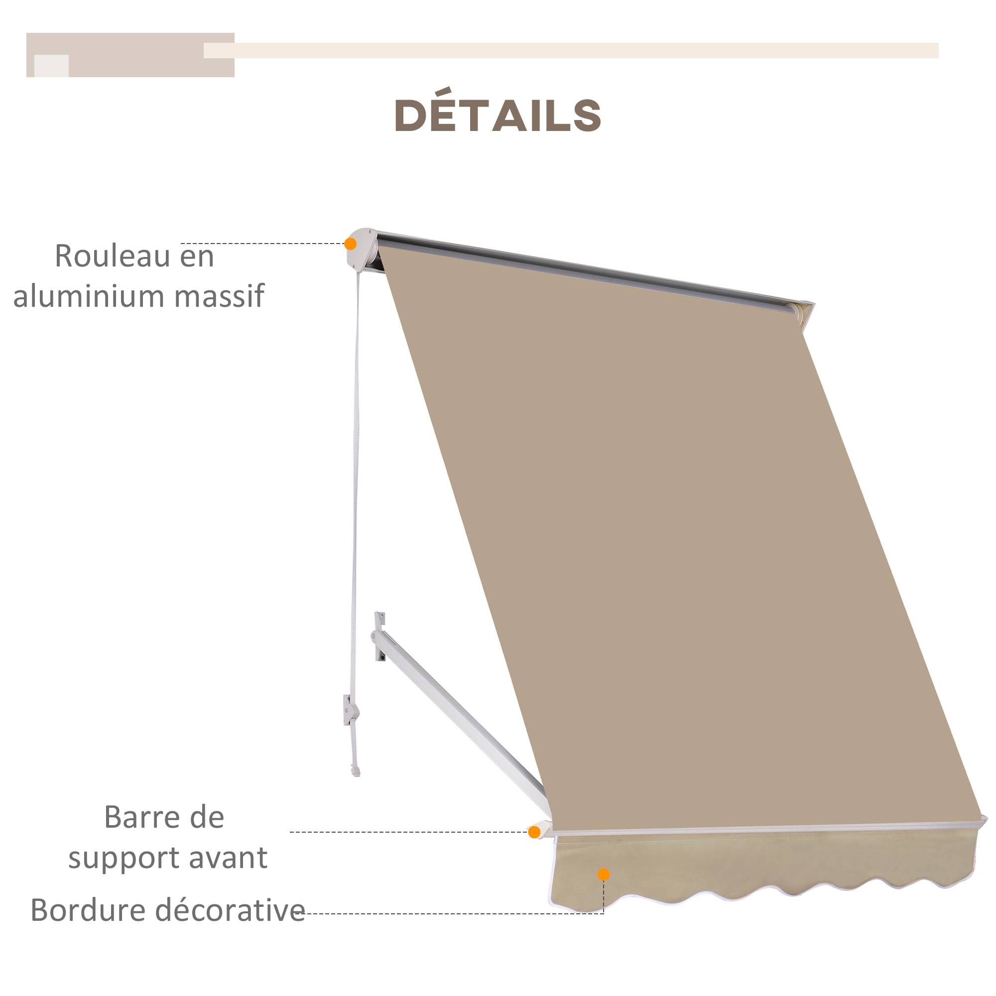 Store banne Manuel Inclinaison réglable Aluminium Polyester imperméabilisé 70L x 180l cm Beige - Image 9