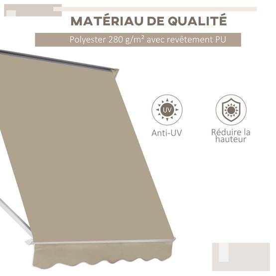 Store banne Manuel Inclinaison réglable Aluminium Polyester imperméabilisé 70L x 180l cm Beige - Image 6