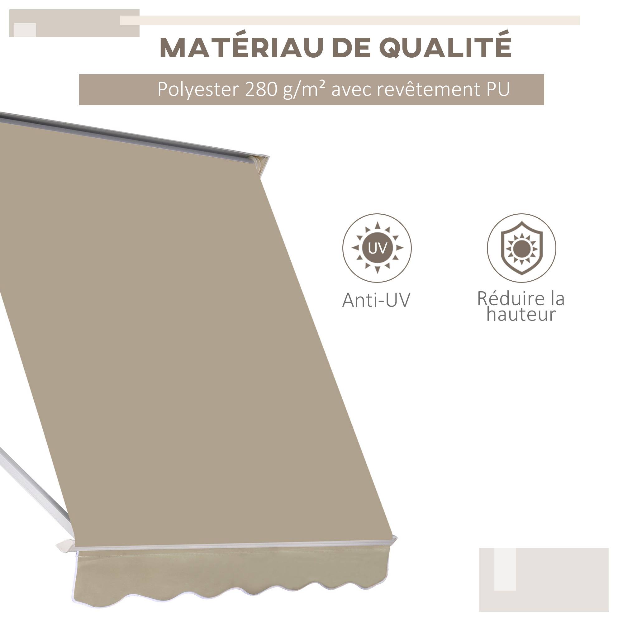 Store banne Manuel Inclinaison réglable Aluminium Polyester imperméabilisé 70L x 180l cm Beige - Image 6