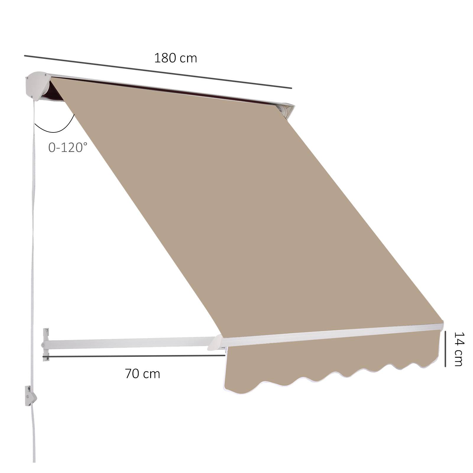 Store banne Manuel Inclinaison réglable Aluminium Polyester imperméabilisé 70L x 180l cm Beige - Image 5