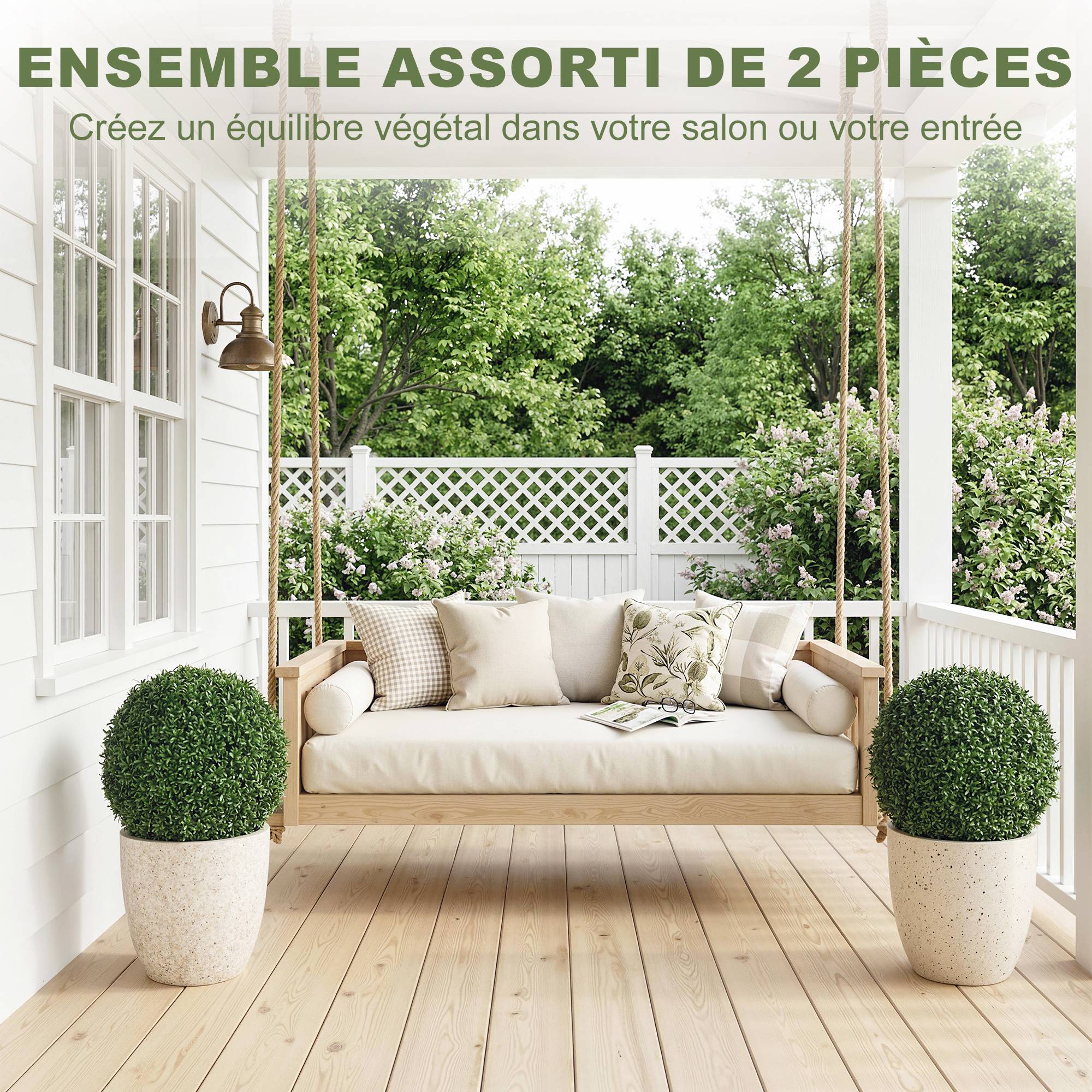 Lot de 2 boules de buis artificielles en pot, résistantes aux UV, 42 cm, pour décoration intérieure/extérieure - Image 6
