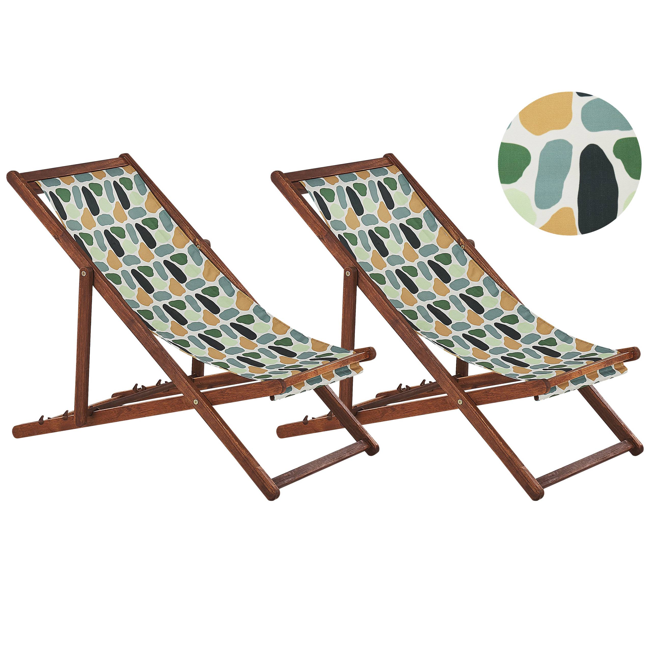 Beliani - 2 Transats Chiliennes Pliantes et Réglables en Bois d'Acacia Foncé et Textile Motif Géométrique avec Toiles de Remplacement - Image 1
