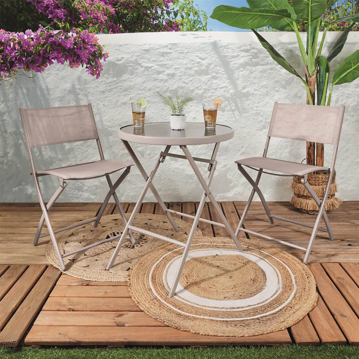 ALTOBUY - Table Pliante de Jardin Ronde Beige en Métal et Verre Trempé - SOHAN - Image 2