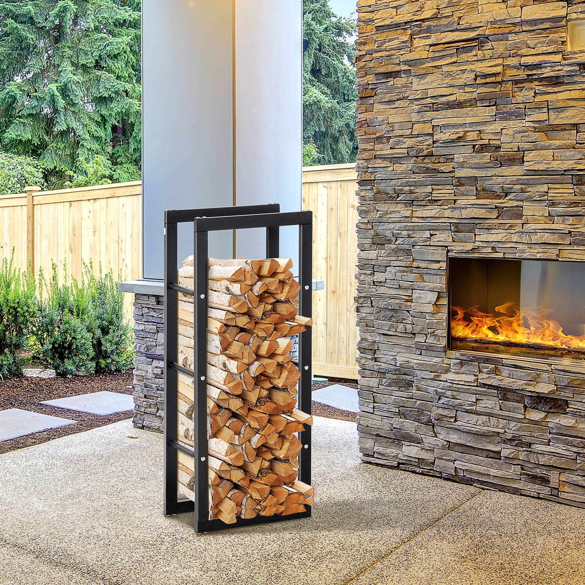 Range bûches Etagère porte bois de cheminée porte-bûches intérieur et extérieur charge max. 100 Kg dim. 40L x 25l x 100H cm métal noir - Image 3