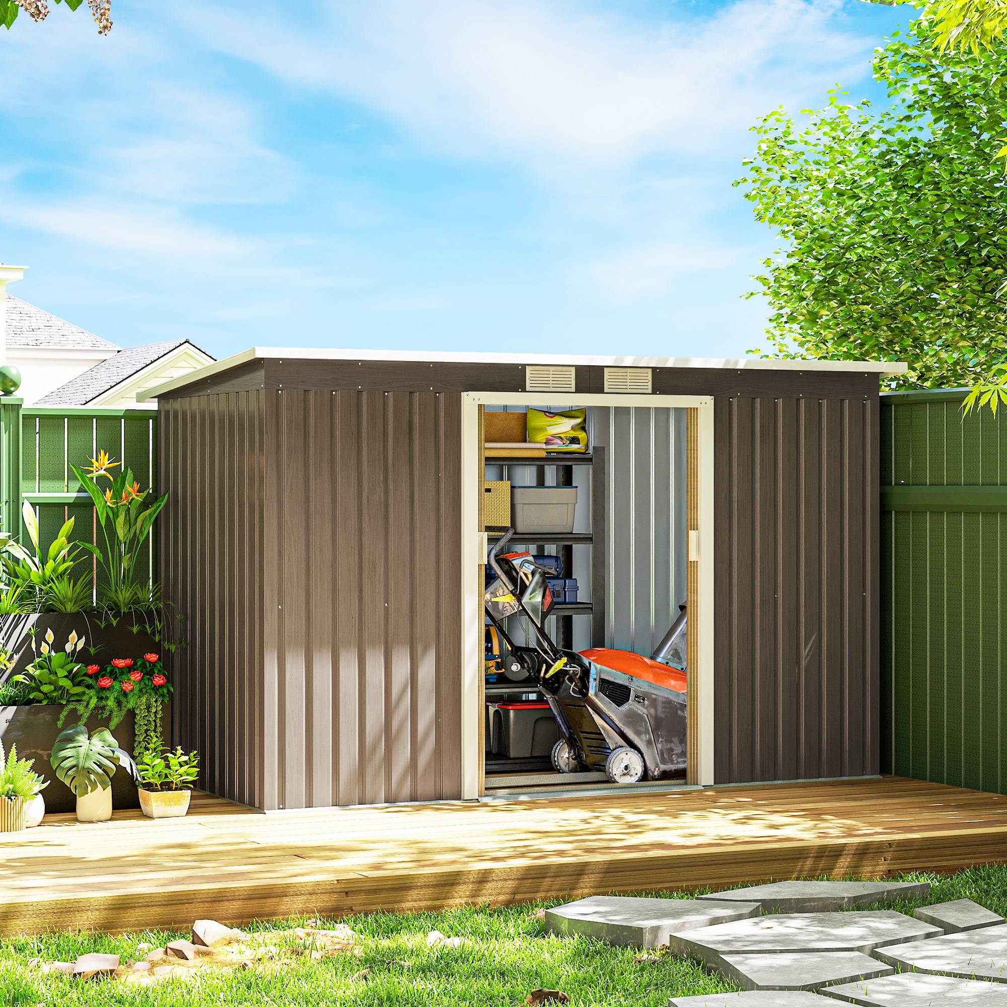Abri de jardin acier avec 2 aérations et portes coulissantes 280x130x172 cm cabanon extérieur bois brun - Image 4