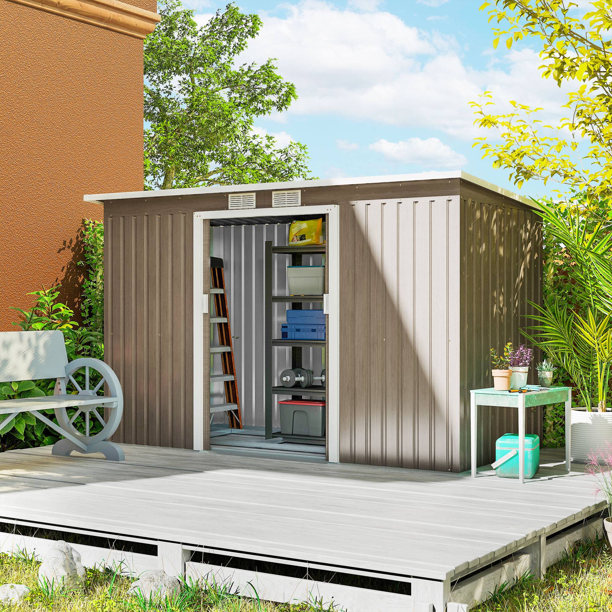 Abri de jardin acier avec 2 aérations et portes coulissantes 280x130x172 cm cabanon extérieur bois brun - Image 3