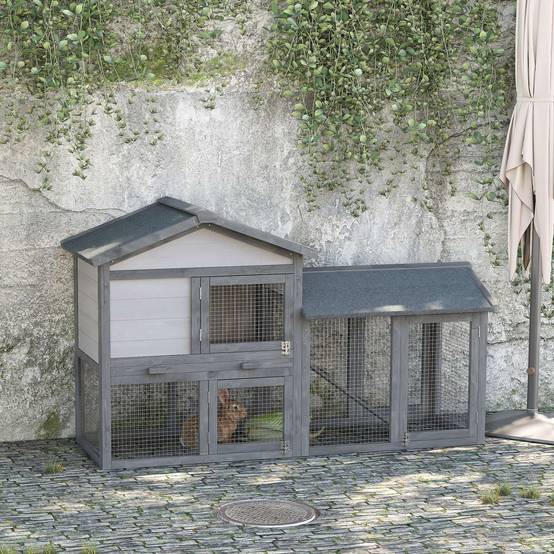 Grand Clapier Extérieur en Bois Gris avec Enclos Spacieux et Rampe pour Lapins 147x54x84cm - ComfortXL Outdoor Living - Image 3