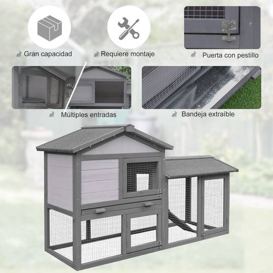 Grand Clapier Extérieur en Bois Gris avec Enclos Spacieux et Rampe pour Lapins 147x54x84cm - ComfortXL Outdoor Living - Image 6
