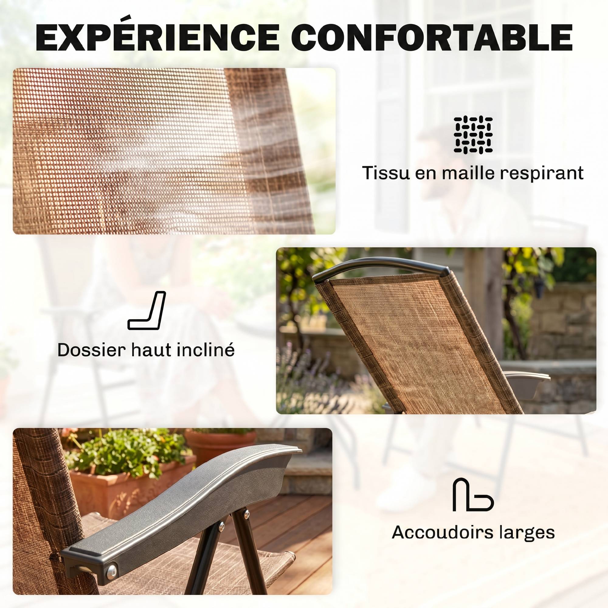 Ensemble de Jardin 3 pièces 2 chaises inclinables Multi-Positions Pliables + Table Ronde Verre trempé métal - Image 8