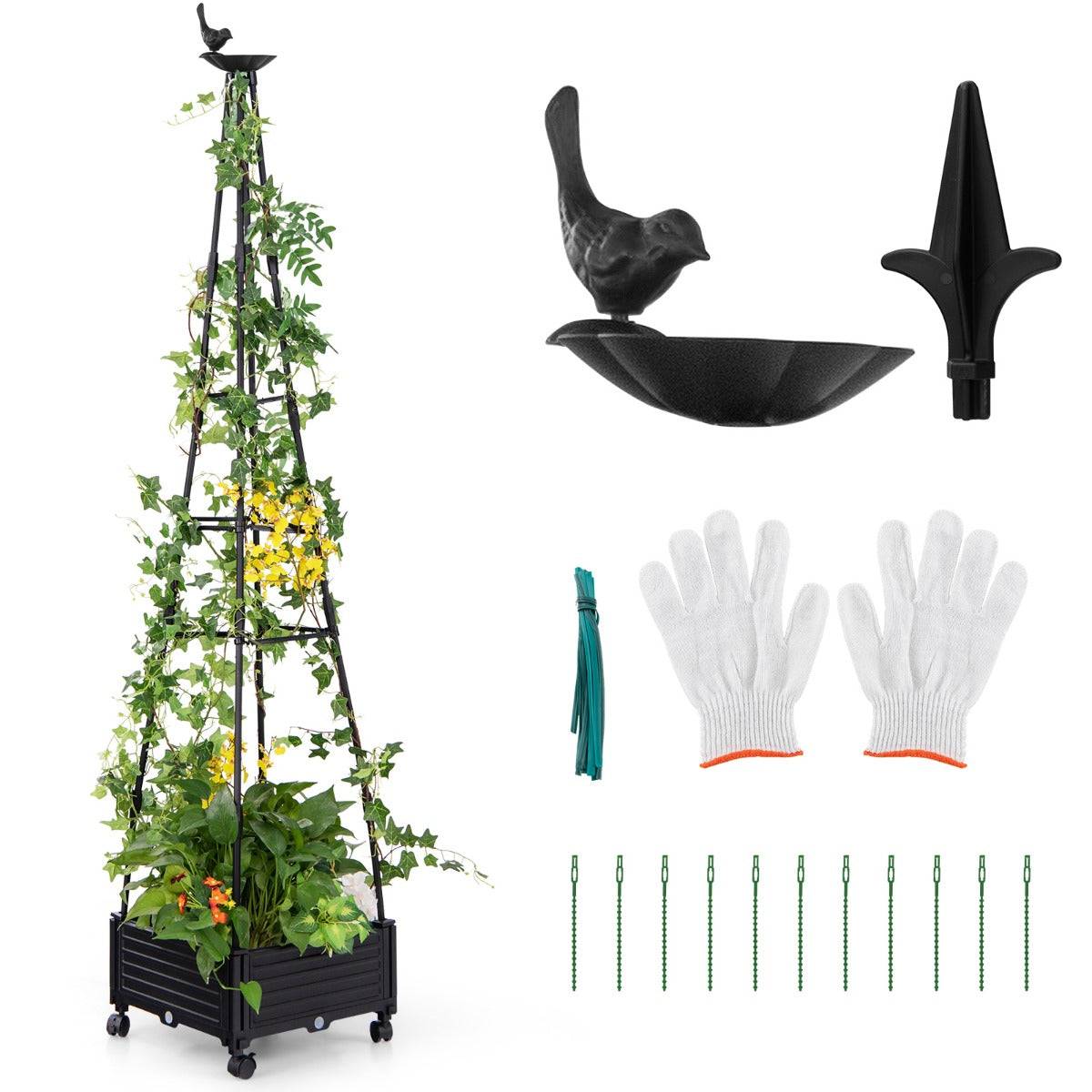 Helloshop26 - Jardinière surélevée à roulettes avec treillis lit de jardin avec auto-drainage oiseaux et flèches décoratives cage à tomates 41 x 41 x 208 cm noir - Image 1