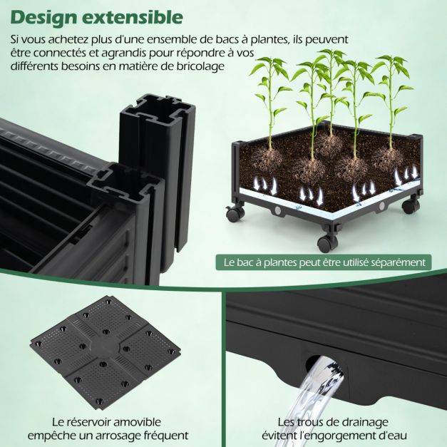 Helloshop26 - Jardinière surélevée à roulettes avec treillis lit de jardin avec auto-drainage oiseaux et flèches décoratives cage à tomates 41 x 41 x 208 cm noir - Image 3