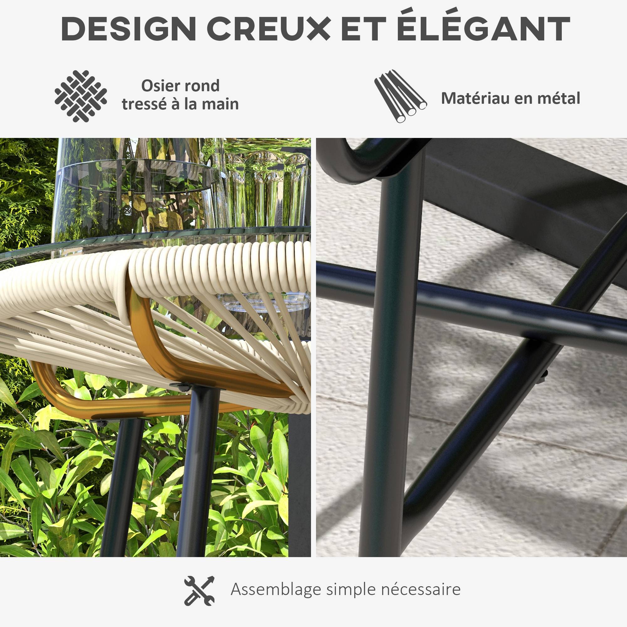 Sans Marque - Table basse ronde de jardin en résine aspect rotin métal et plateau verre trempé Ø 50 x 50 cm crème - Image 7