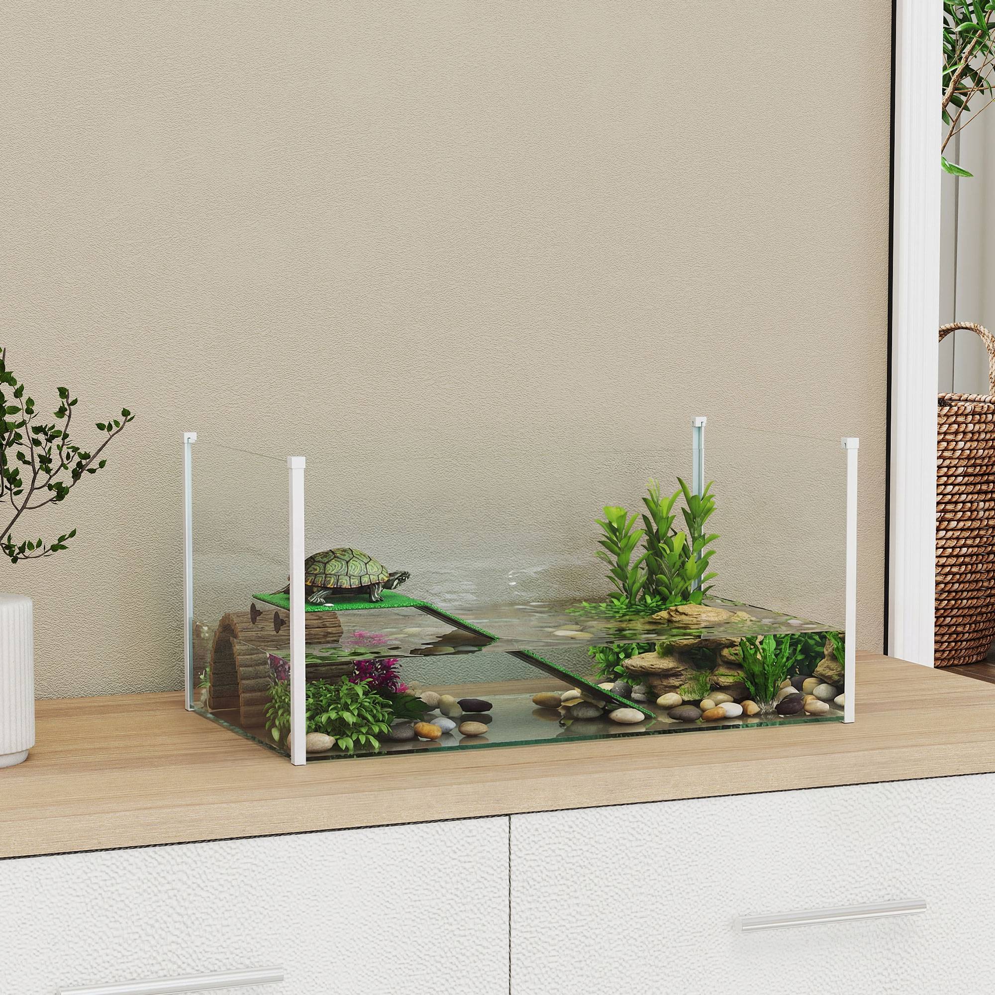 Aquarium pour tortues, terrarium avec plateforme, rampe et vue panoramique 360°, 60x35x28 cm, blanc - Image 4