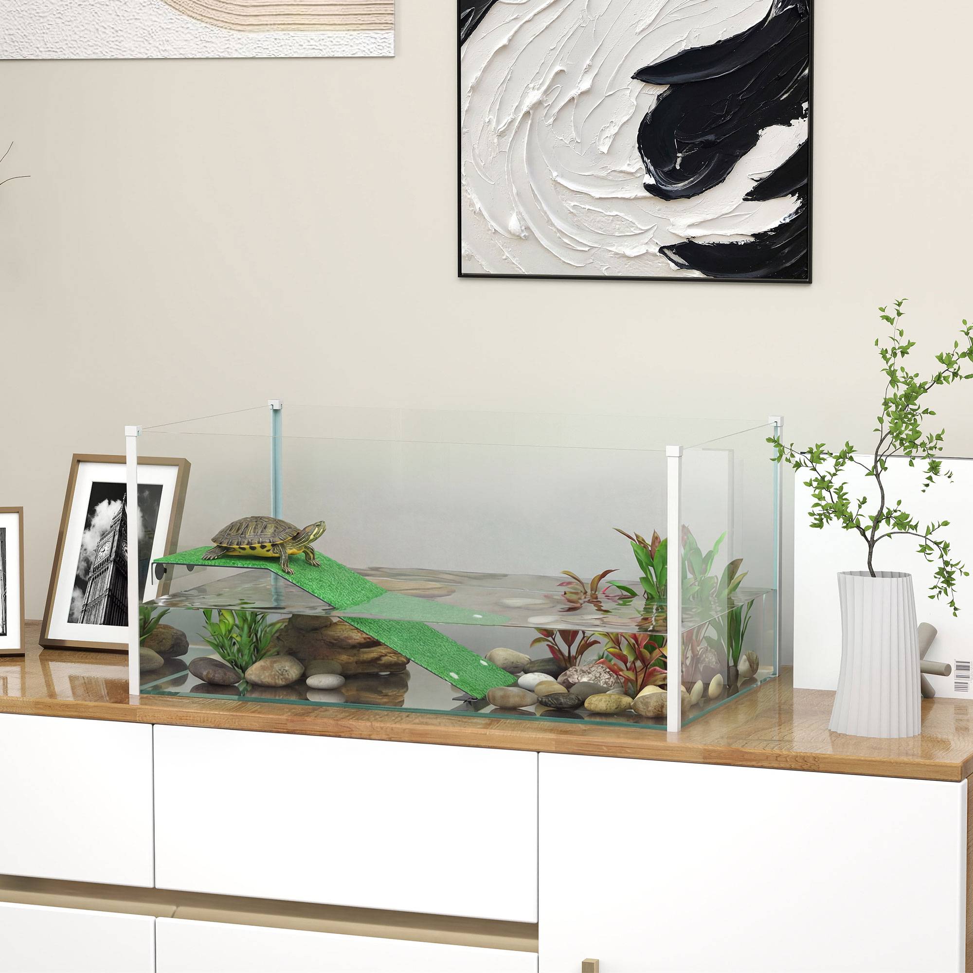 Aquarium pour tortues, terrarium avec plateforme, rampe et vue panoramique 360°, 60x35x28 cm, blanc - Image 3
