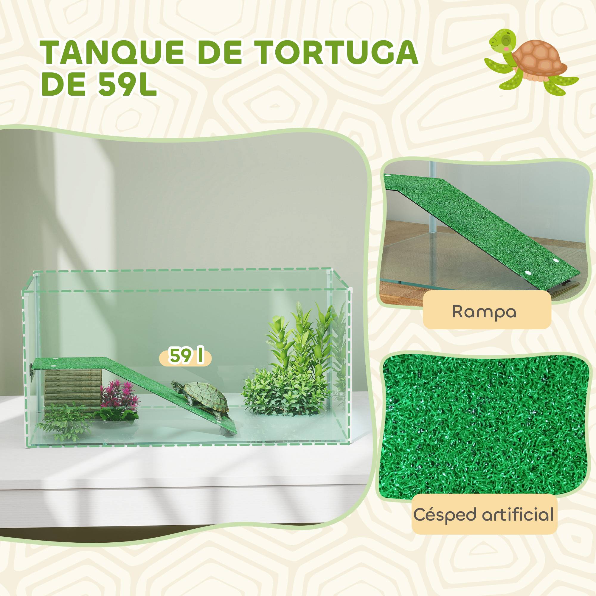 Aquarium pour tortues, terrarium avec plateforme, rampe et vue panoramique 360°, 60x35x28 cm, blanc - Image 6