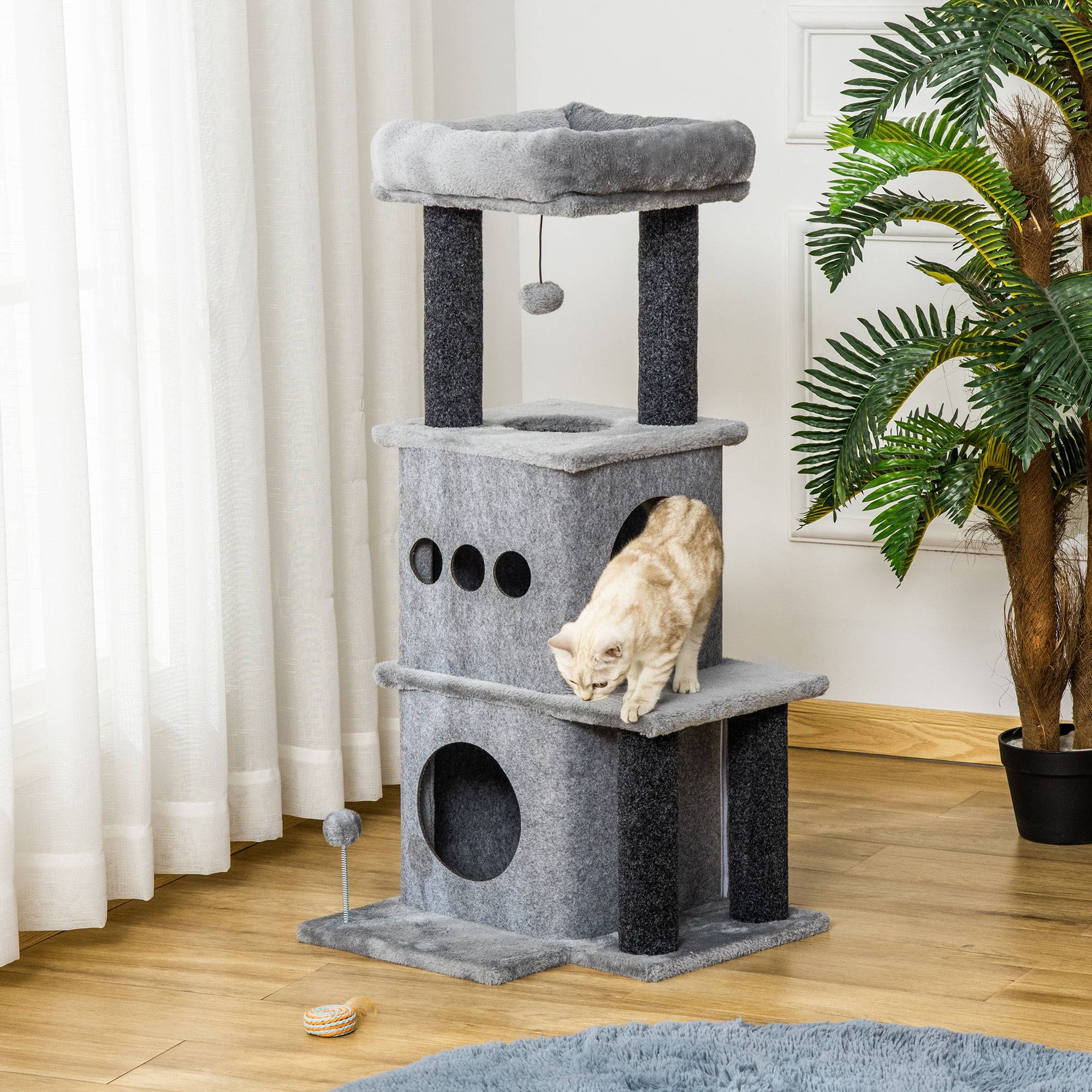 Sans Marque - Arbre à chats design,"Multi-activités, niches, plateformes, lit, boule feutre amovible, 48x48x100cm, gris" - Image 3