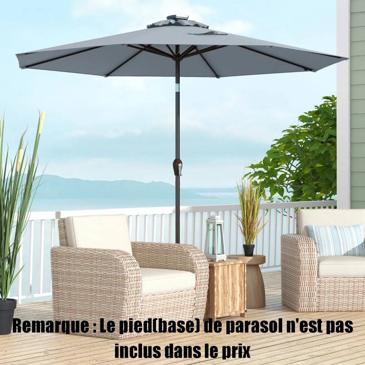 Parasol Inclinable Dia.300cm LED Dolaire en Scier Toile Polyester pour Jardin et Terrasse Gris - Image 3