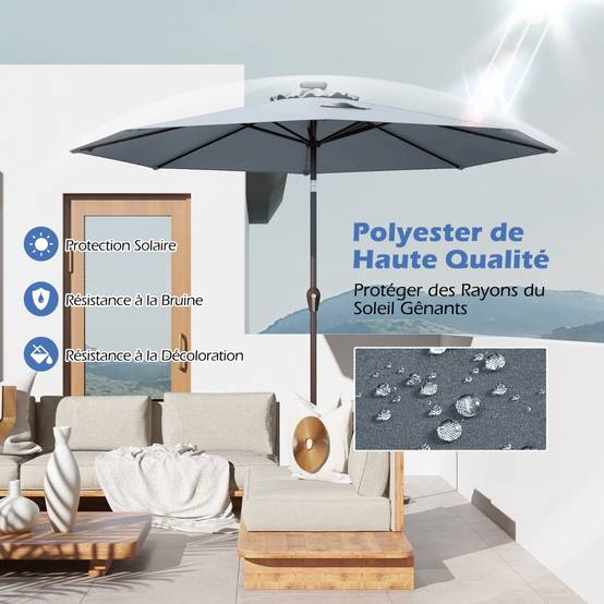 Parasol Inclinable Dia.300cm LED Dolaire en Scier Toile Polyester pour Jardin et Terrasse Gris - Image 5