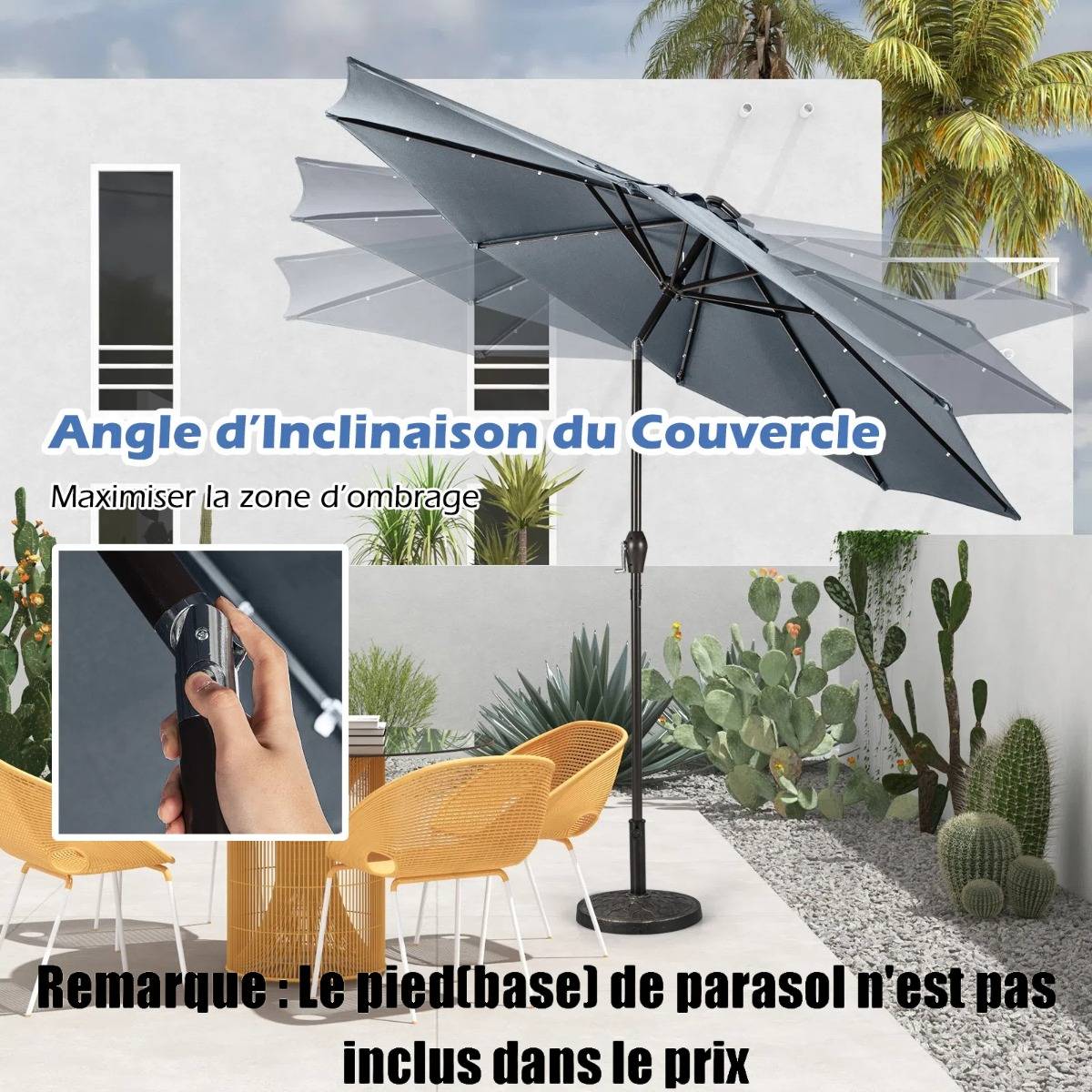 Parasol Inclinable Dia.300cm LED Dolaire en Scier Toile Polyester pour Jardin et Terrasse Gris - Image 6